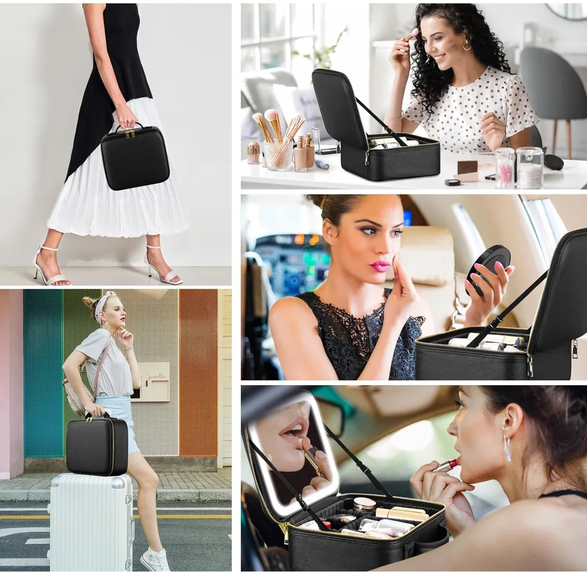 Bolsa de Maquillaje Portátil con Espejo y Luz LED